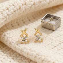 1pair Double Star Shaped Earrings Inlaid With Cubic Zirconia 18k Gold Plated For Women, Perfect Choice For Proposal, Engagement Party Gift - Gold - View 7