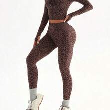 Dewbera 2pcs Women Seamless Leopard Print Hooded Zipper Thumb Hole Long Sleeve Sweatshirt And 7/8 Leggings Sports Suit For Running, Fitness, Yoga - Negro - Ver 5