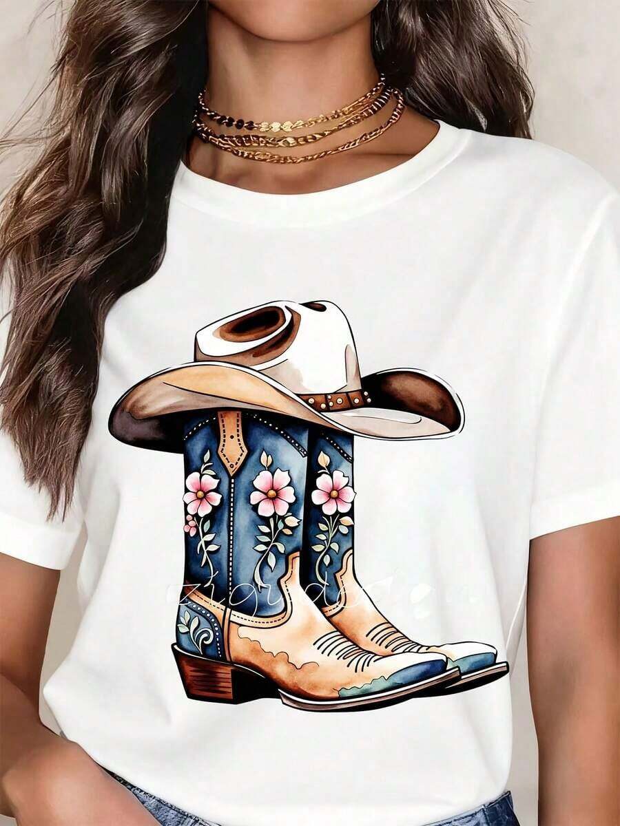 Women's Clothing Cowboy Boots And Hat Western Design Women's T-Shirt With Floral Embroidery Country Style Fashionable Top For Casual Wear Women's Shirts - 白色 - 查看 1