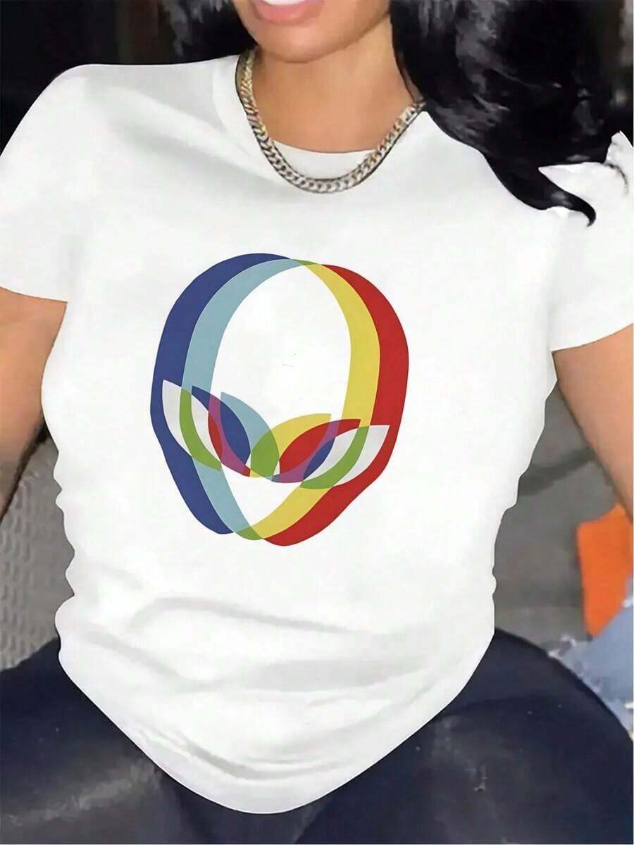Camiseta Negra para Mujer - Camiseta Ligera para Uso Diario con Gráfico Abstracto Moderno, Tela Suave y Elástica para Oficina, Hogar, Restaurante - Top Minimalista y Elegante para Atuendos Casuales y Formales, Ropa Versátil, Camiseta de Cuello Redondo, Camiseta de Ajuste Cómodo, Ropa para el Hogar, Estampado Elegante, Material Transpirable, Camiseta de Manga Corta, para Amantes de la Modablusas para mujer>ropa - Blanco - Ver 1