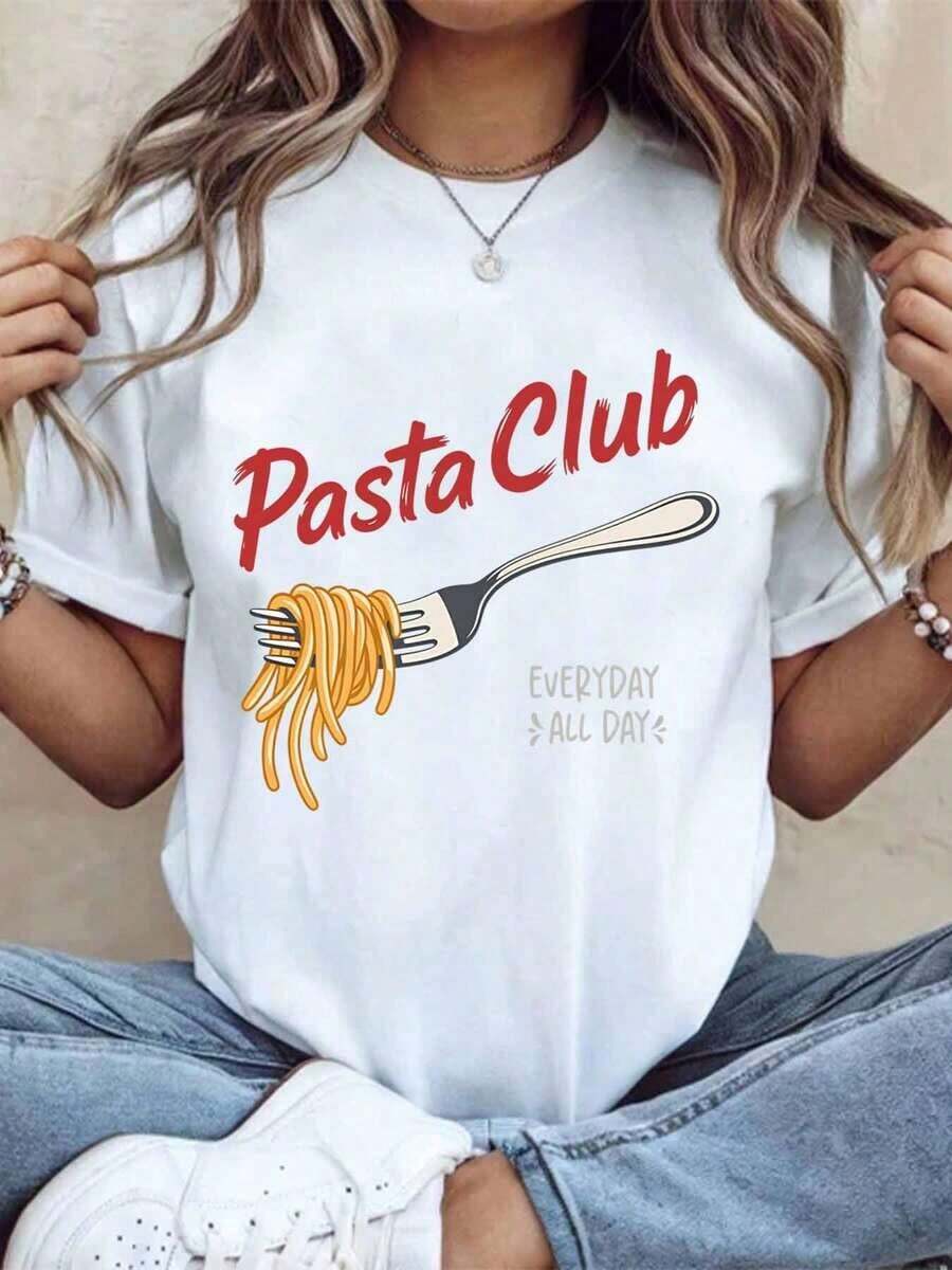 Pasta Club Everyday All Day Women's Cotton T-Shirt, Graphic Tee For Food Lovers For Women And Men, Unisex Casual Wear, Gift Idea For Kitchen, Basic Women's Blouses. - 白色 - 查看 1