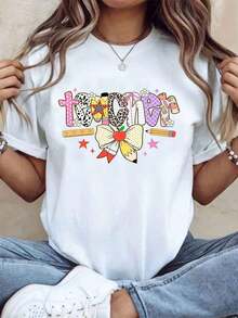 Women's Cotton T-Shirts With Cute Pattern Design For Teachers, Women's T-Shirt With Bow And Apple Print, Educational Themed Gift For Teacher's Day, Thank You To School Teachers, Basic Women's Blouses. - 白色 - 查看 1