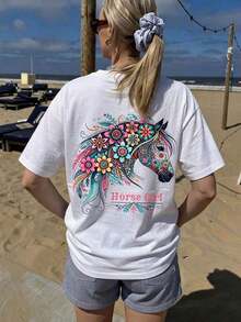 1 Piece Women's Short Sleeve Crew Neck T-Shirt, Loose Fit For Summer, With Floral And Cartoon Horse Head Print, Suitable For Vacation, Office, Outings, Daily Wear, Dates, Parties, Meetings, Street, Carnival, Music Festivals, Valentine's Day, Casual Occasions, Comfortable Cotton T-Shirt, White - 白色的 - 查看 7