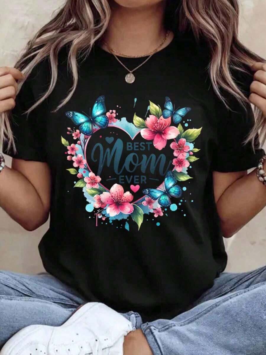 Women's T-Shirt With Heart, Butterfly And Flower Design "World's Best Mom", Mother's Day Gift, Casual Summer Top, 220g - Urban Vintage Style, Unisex, Loose Fit, Cotton, Short Sleeve, Round Neck, 100% Pure Cotton - 黑色 - 查看 1