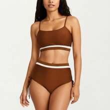 Women's Two Piece Bikini Set With Scoop Neck Top High Waist Bottom And Contrast Trim - Large, Coffee - 咖啡棕 - 查看 1