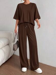 PRETTYGARDEN Women's Summer Clothes 2 Piece Sets Lounge For Short Sleeve Matching Airport Travel Outfits Casual Dark Brown Vacation Summer Brunch Outfits For Women Mothers Day Outfit - 深棕色 - 查看 3