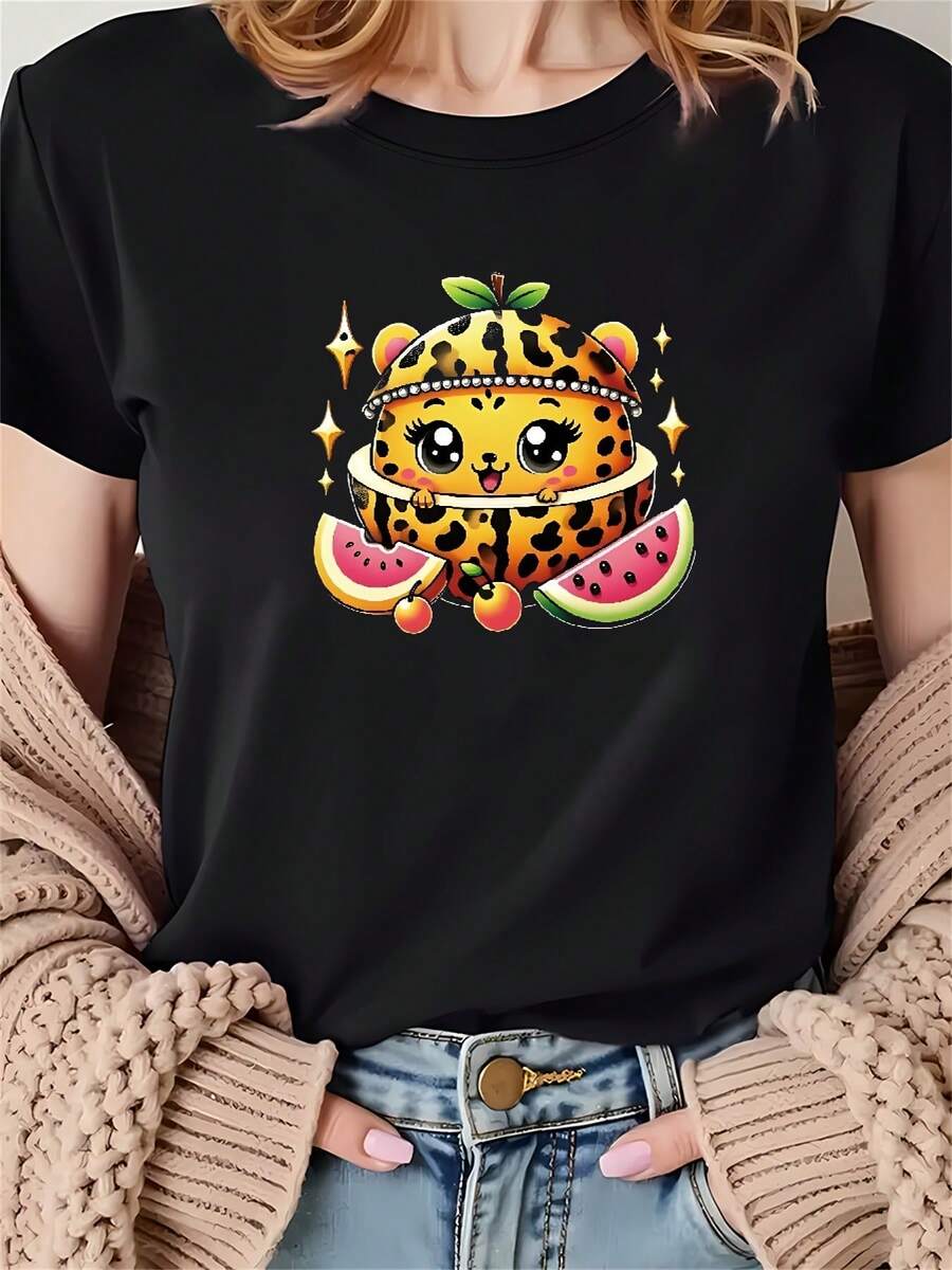 Women's T-Shirt With A Beautiful Leopard Print And Watermelon And Fruit Motifs, Black Short-Sleeved Round Neck T-Shirt - Machine Washable, Suitable For Spring, Summer And Autumn, Casual Style, Comfortable Fit, Modern Design, Versatile For Everyday Wear, Soft Fabric, Style A - Unisex Cotton T-Shirt, Short Sleeve, Round Neck, Urban Vintage Style. - 黑色 - 查看 1