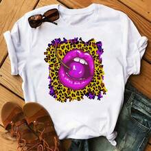 New Women's T-Shirt With Pink Lips And Leopard Print, Casual Style, Round Neck, Black, With Kiss Design, Fun For Girls, Drop Shipping - Urban Vintage Style, Unisex, Loose Fit, Cotton, Short Sleeve, Round Neck. - 白色 - 查看 6