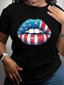 Plus-Size Women's T-Shirt With An American Flag Lip Design, Perfect For Independence Day Celebrations And Patriotic Events. Casual Everyday Wear, Crew Neck Style, Fashionable And Versatile, Machine Washable, Suitable For All Seasons. Cool Summer Clothing For Women. - 黑色 - 查看 1