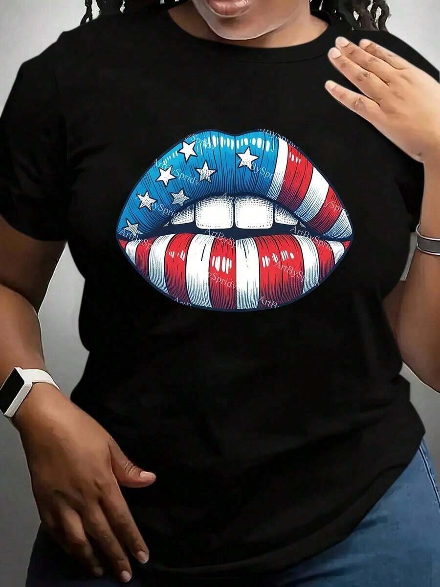 Plus-Size Women's T-Shirt With An American Flag Lip Design, Perfect For Independence Day Celebrations And Patriotic Events. Casual Everyday Wear, Crew Neck Style, Fashionable And Versatile, Machine Washable, Suitable For All Seasons. Cool Summer Clothing For Women. - 黑色 - 查看 1