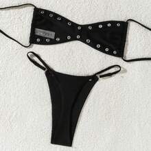 New 2026 Solid Color Bikini With Sexy Straps, Casual And Sexy Swimsuit For Summer Beach Vacation For Women - JY1050-BK - 查看 5