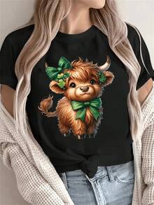 Women's Short-Sleeved Crew Neck T-Shirt With A Cartoon Print Of A St. Patrick's Day Calf, Casual Sporty Style, Cool Summer Clothing For Women. - 黑色 - 查看 6