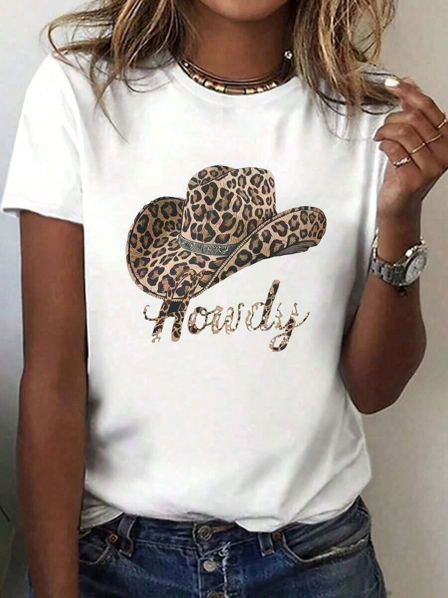100% Cotton 1 Piece T-Shirt With Cowboy Hat And Leopard Print, Short Sleeve, Round Neck, Casual Style For Summer And Spring, Women's Clothing, 100% Cotton. Women's Simple Solid Color T-Shirt, Loose And Slim Fit Casual Short Sleeve - 白色的 - 查看 1