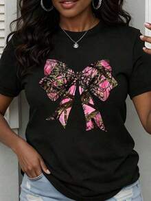 GiftCamia Women's Round Neck Top, Pink, Camouflage Print With Bow, Short Sleeve, Casual Style For Everyday Wear - Urban Vintage Style, Unisex, Loose Fit, Cotton, Short Sleeve, Round Neck.Soft - 黑色 - 查看 6