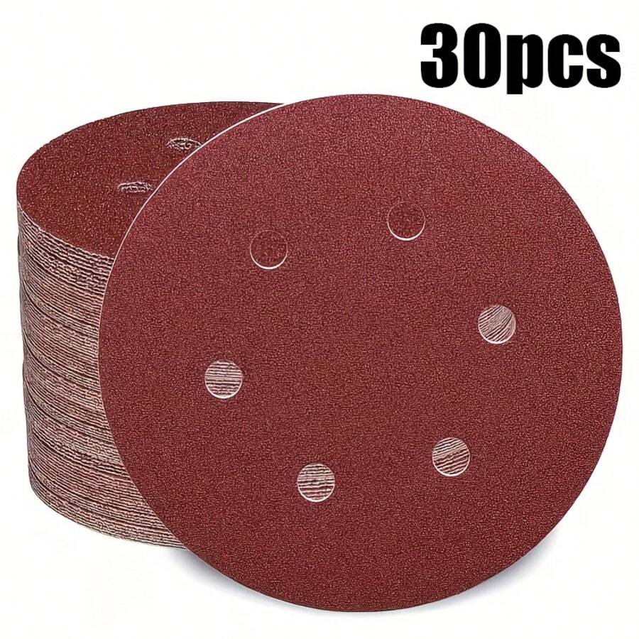 30pcs 150mm/6inch 6-Hole Hook & Loop Sanding Discs, Random Assorted Grits 60/80/100/120/150/180/240/320/400/600 For Orbital Sander - Red - View 1
