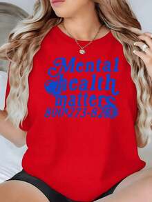 100% Cotton. Positive Phrase Promoting The Importance Of Mental Health Care And Displaying A Helpline Number In Blue. Women's T-Shirt, 100% Cotton, 220g. Women's Simple Solid Color T-Shirt, Loose And Slim Fit Casual Short Sleeve - 紅色的 - 查看 11