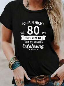 Women's 80th Birthday Outfit - T-Shirt With Number 80 Print, Short Sleeve, Round Neck, Casual Style, Turning 80, Comfortable And Machine Washable For 80th Birthday Celebration - 黑色 - 查看 1