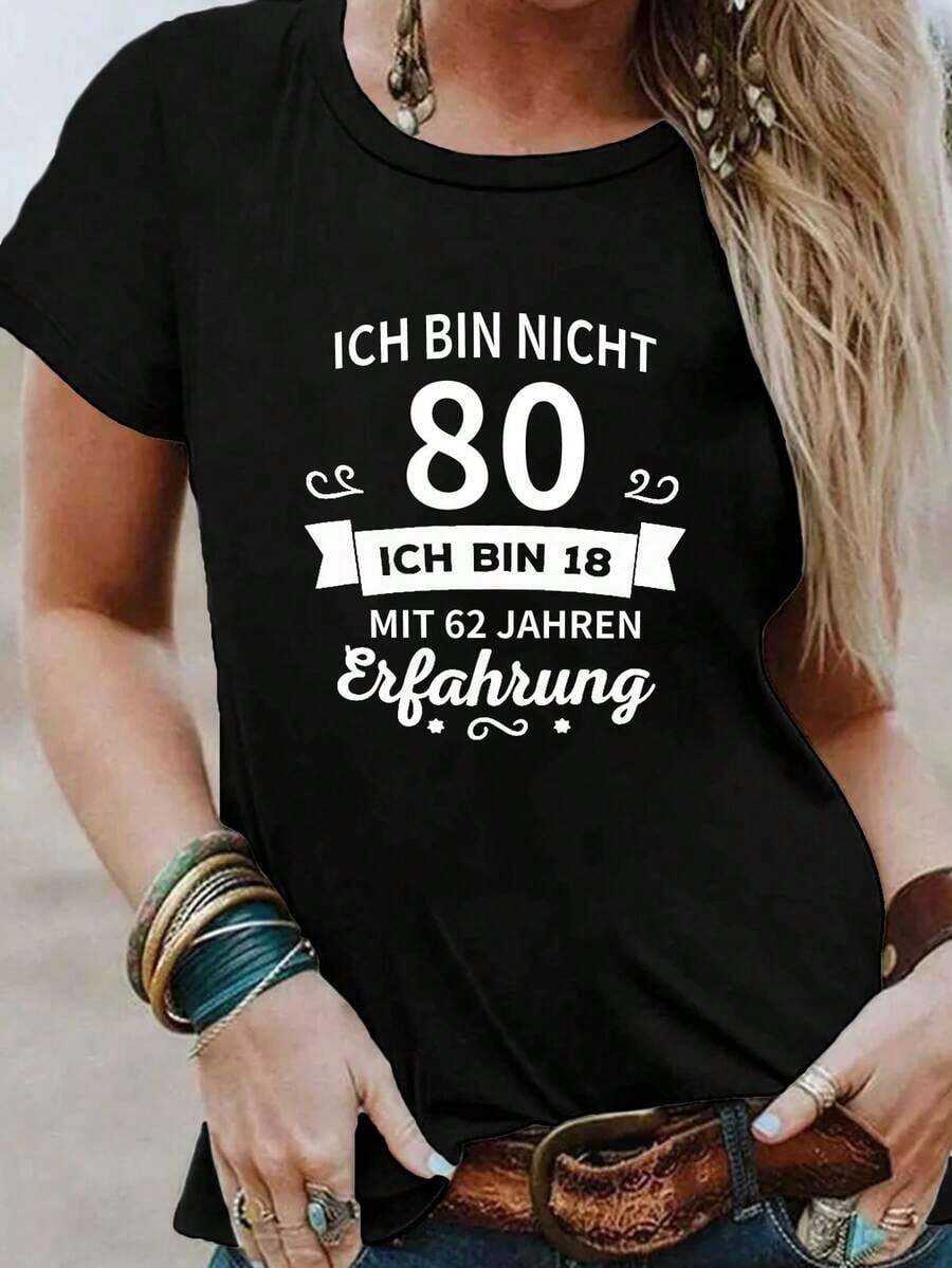 Women's 80th Birthday Outfit - T-Shirt With Number 80 Print, Short Sleeve, Round Neck, Casual Style, Turning 80, Comfortable And Machine Washable For 80th Birthday Celebration - 黑色 - 查看 1