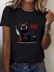 Women's Printed Short-Sleeve T-Shirt, Comfortable Retro Summer Short-Sleeve T-Shirt For Work, Soft Style. Comfortable Basic Autumn T-Shirt, Printed Short-Sleeve T-Shirt For Outdoor Activities, Unisex Short-Sleeve T-Shirt. Couple T-Shirt, Parent-Child Set, Family Set - 黑色 - 查看 1