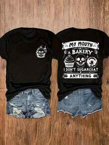 Women's 180g White T-Shirt, Printed On Both Sides With A Skull And Slogan, Casual Top, Round Neck And Short Sleeves, With The Print "My Mouth Is A Bakery, I Don't Sweeten Anything" - A Stylish One-Piece Design. - 黑色 - 查看 1