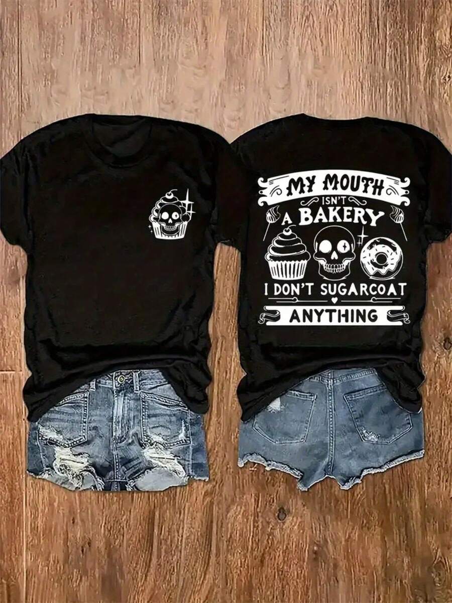 Women's 180g White T-Shirt, Printed On Both Sides With A Skull And Slogan, Casual Top, Round Neck And Short Sleeves, With The Print "My Mouth Is A Bakery, I Don't Sweeten Anything" - A Stylish One-Piece Design. - 黑色 - 查看 1