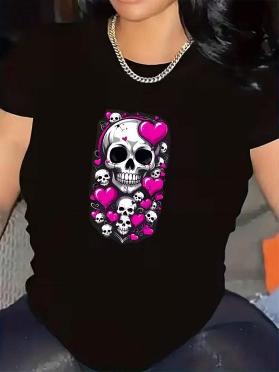 Women's Plus Size Summer Short-Sleeved T-Shirt With Round Neck, Breathable And Printed, Skull Design With Pink Hearts, Suitable For All Seasons, Simple, For Holiday Gifts, Daily Wear, Very Suitable For Cool Summer. - Black - View 1