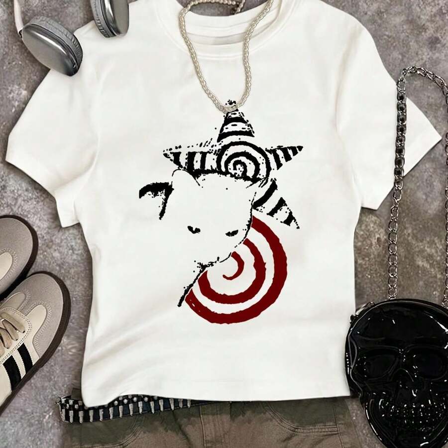Plus Size Women's Summer Casual Printed Short Sleeve T-Shirt, Fitted One-Piece Top With Round Neck And Spiral Pentagram Cat Circle Print, Creative And Very Popular Design, Fun Y2K Style Short Sleeve T-Shirt, Plus Size Women's Short Sleeve Top Suitable For Valentine's Day, Easter And Football Enthusiasts. - 白 - 查看 1