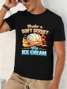 T-shirt da uomo con stampa grafica di pallavolo e gelato, in morbido cotone, con stampa artistica, casual e traspirante. - nero - Visualizzare 2