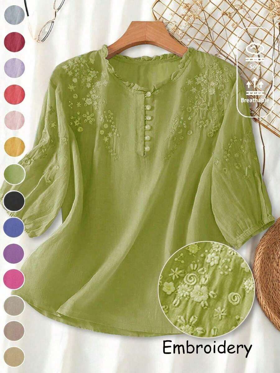 Blusa ligera y holgada de viscosa con bordado retro para mujer, para primavera y verano, casual, estilo campestre, tops de verano - Verde - Ver 1