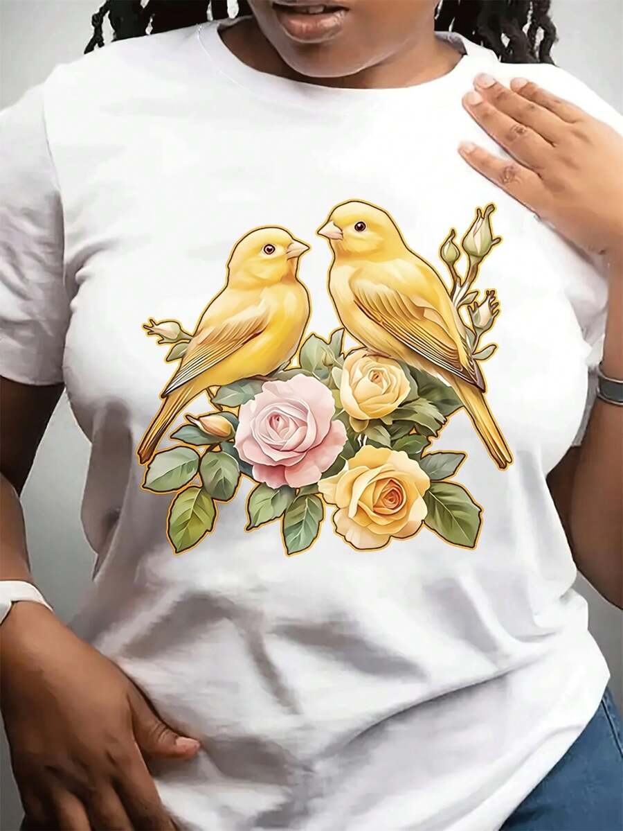 Plus Size - Plus Size - Women's Fashion Casual Crew Neck T-Shirt, Mother's Day | Short Sleeves, Slightly Stretchy Fabric, Unique Bird And Rose Print, Suitable For Everyday Wear And As A Gift For Friends And Family, Plus Size. - 白色 - 查看 1