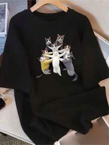 Camiseta negra informal de manga corta con cuello redondo para hombre,Camisetas Para Mujer Camiseta divertida de gatos diseño original color negro estilo casual moderno animales adorables unisex cómoda suave talla S a XL moda actual regalo perfecto para amantes de los gatos. - Negro - Ver 1