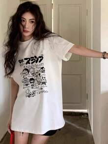 ropa de mujer Camiseta de manga corta con cuello redondo y estampado estilo dibujos animados japoneses Y2K, top de verano moderno y versátil, camisas de mujer - Blanco - Ver 1
