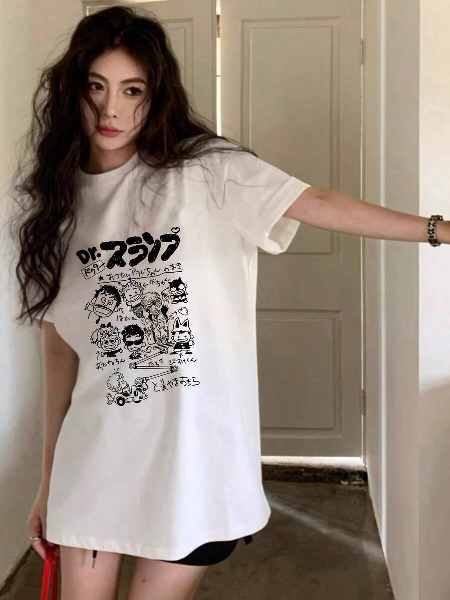 ropa de mujer Camiseta de manga corta con cuello redondo y estampado estilo dibujos animados japoneses Y2K, top de verano moderno y versátil, camisas de mujer - Blanco - Ver 1