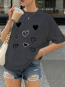 Women's Casual Summer T-Shirt, Short Sleeve Round Neck T-Shirt, Vintage Small Heart Print, Comfortable, Soft, Breathable, New Spring/Summer T-Shirt, Versatile Casual Top For Vacation And Daily Wear. - 黑色 - 查看 10