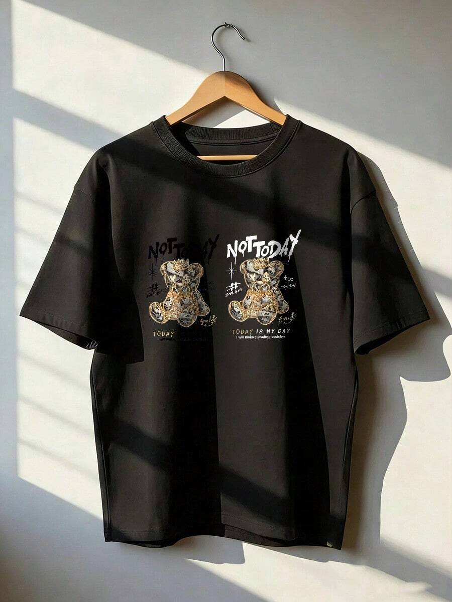 Money Bear T-Shirt With "NOT TODAY" Text, Fashionable Short-Sleeved T-Shirt For Spring And Summer 2026, Made In Mexico, 180 Grams. Cartoon Print, Couple Design, Suitable For Indoor Or Outdoor Wear. Crew Neck, Unisex, Ideal For Office And Leisure. One-Pack. - BK-P631577SLNDXZGY579 - 查看 1