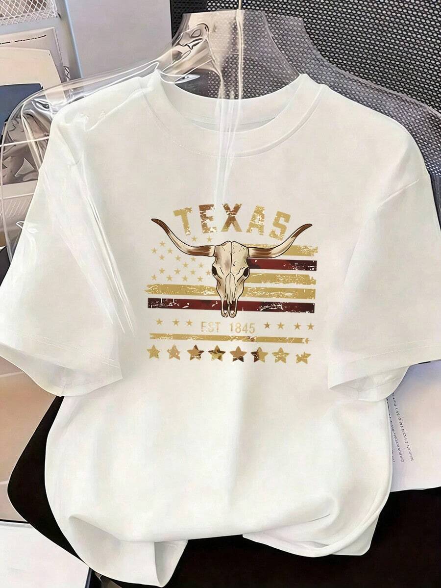 Western And Vintage Style Short Sleeve T-Shirt, Fashionable Short Sleeve T-Shirt For Spring And Summer 2026, Made In Mexico, 180 Grams. Cartoon Print, Couple Design, Suitable For Indoor Or Outdoor Wear. Crew Neck, Unisex, Ideal For Office And Leisure. One-Piece Pack. - WH-P631577SLNDXZGY600 - 查看 1