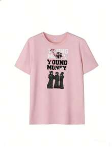 T-Shirt With "YOUNG MONEY" Text And Urban Figures,  Short-Sleeved T-Shirt For Spring And Summer 2026, Made In Mexico, 180 Grams. Cartoon Print, Couple Design, Suitable For Indoor Or Outdoor Wear. Crew Neck, Unisex, Ideal For Office And Leisure. One-Pack. - PK-P631577SLNDXZGY596 - 查看 2