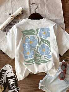 Women's Short-Sleeve Blouse With A Loose, Casual Blue Floral And Green Leaf Print, Made Of Pure Cotton, Featuring A Round Neck And Short Sleeves. It's Reversible And Suitable For Spring/Summer. Available In Plus Sizes. Also Suitable For Women's Clothing, Including Cute Blouses And Summer Wear. Made Of Cotton, This Blouse Is Perfect For Easter. It's A Stylish And Elegant Easter Outfit. Made Of 100% Cotton. - 白色的 - 查看 3