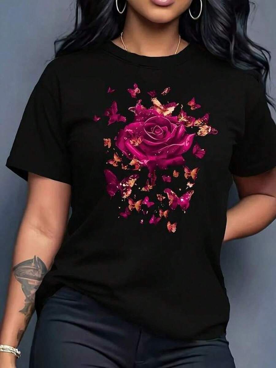 Women's Graphic Tee: Unique Graphic Tee Featuring A Rose And Butterfly Design Against A Black Background, A Modern Style For Women. Available In Sizes S, M, And L In Black, Ideal For Spring And Casual Events. Women's Fashion, Women's Clothing, Pink T-Shirt, Printed T-Shirts. 100% Cotton. - 黑色 - 查看 1