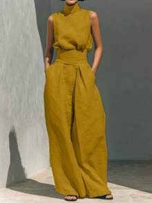 Linen Blend 2-Piece Outfit, Sleeveless High Neck Top & Wide Leg Pants With Waist Belt, Casual Summer Set - 黃色 - 查看 1