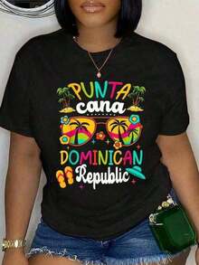Suave Punta Cana República Dominicana Vacaciones República Dominicana Camiseta Casual de Manga Corta Unisex Clásica Cómoda Cuello Redondo Tallas de Mujer S-3XL Camiseta Casual de Algodón Puro con Estampados Gráficos Deportivos a la Moda, Estilo Unisex para Parejas, Estilo Urbano Y2K, Adecuada para Celebraciones de Vacaciones, Día de la Madre, Día del Padre, Día de la Independencia, Camisetas de Manga Corta para Mujer, Regalos de Cumpleaños, blusa casual mujer, blusas para mujer, playeras de mujer algodón. - Negro - Ver 1