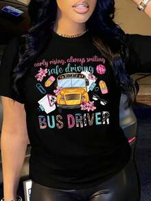 Short-Sleeved T-Shirt With Bus Print, Casual Round Neck Top For Spring And Summer, Women's Clothing, Round Neck, 100% Cotton, Soft Fabric, Short Sleeve. - 黑色 - 查看 5
