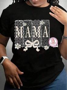 White Crew Neck T-Shirt With "Mama" Print And A Daisy Flower And Bow Design Featuring A Checkered And Leopard Print Pattern, For Maternity And Postpartum Use, 100% Cotton. Casual Printed T-Shirt For Women, Short Sleeves And Crew Neck, Local Spring/Summer Streetwear. - 黑色 - 查看 6