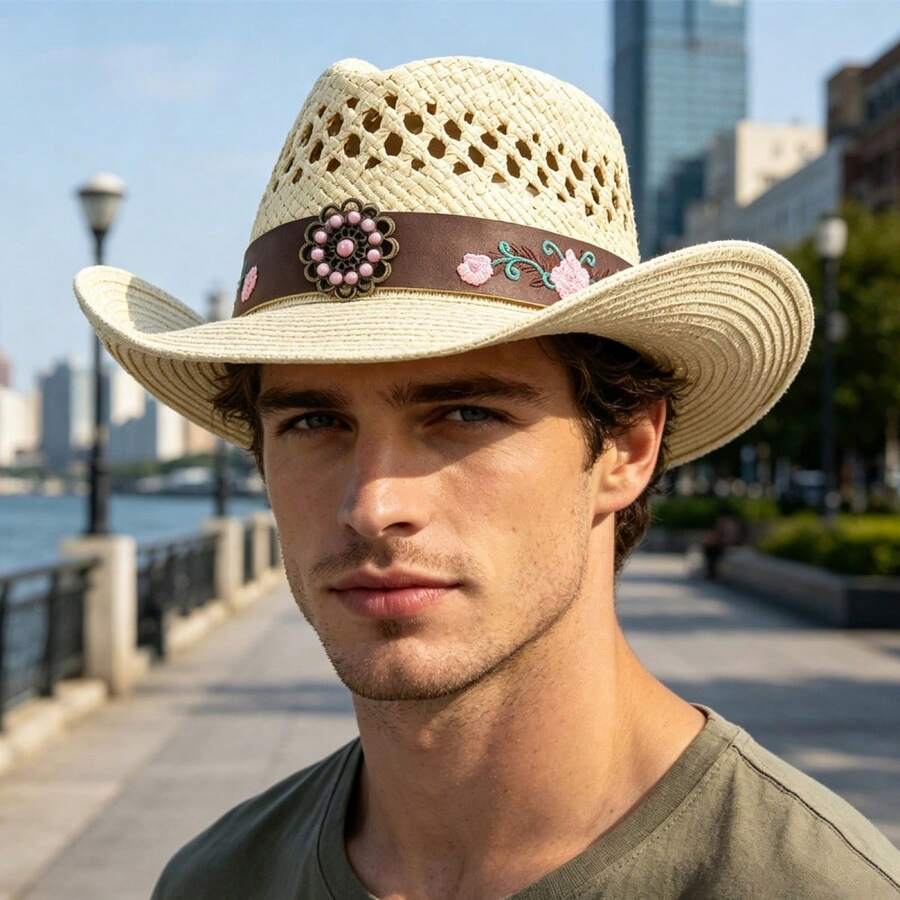 Women Western Straw Hat Summer Breathable Beach Sun Protection Cowgirl Cap With Floral Embroidery Faux Leather Band - Beige - View 1