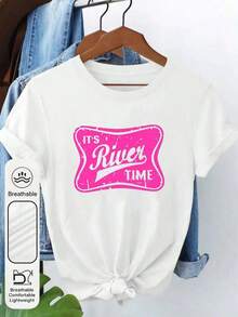 Camia con estampado gráfico River Time, manga corta, cuello redondo, estilo casual, para verano y primavera, camia de mujer, tops de verano, ideal para la playa, para vacaciones, para mujer, estilo casual, adecuada para el Día de la Madre, transpirable y cómoda. - Blanco - Ver 3
