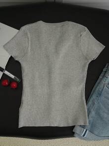 Spring/Summer Sexy Lace Patchwork V-Neck Metal Button Short Sleeve Cardigan, Elegant Knit Top - Gray - View 6