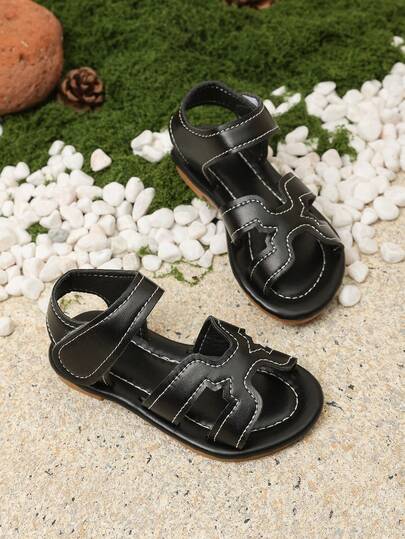 1 Pair Black Plus Size Teenager & Kids Roman Sandals, Solid Color Leather Strap Adjustable Design Round Toe Fashion Comfortable Lightweight Beach Slippers, Suitable For 3-12 Years Old Boys & Girls Casual, Beach, Summer