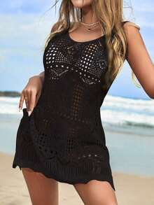 Vestido de punto con abertura lateral sexy de unicolor, para usar en vacaciones en la playa, primavera y verano, cubre-bikini de ganchillo transparente (bikini no incluido) blanco - Negro - Ver 4