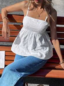Top de camisa sin mangas de mujer con volantes y estampado floral de jacquard para vacaciones y ocio, uso casual diario, tops de verano, tops cortos de mujer, tops para salir de mujer - Blanco - Ver 7