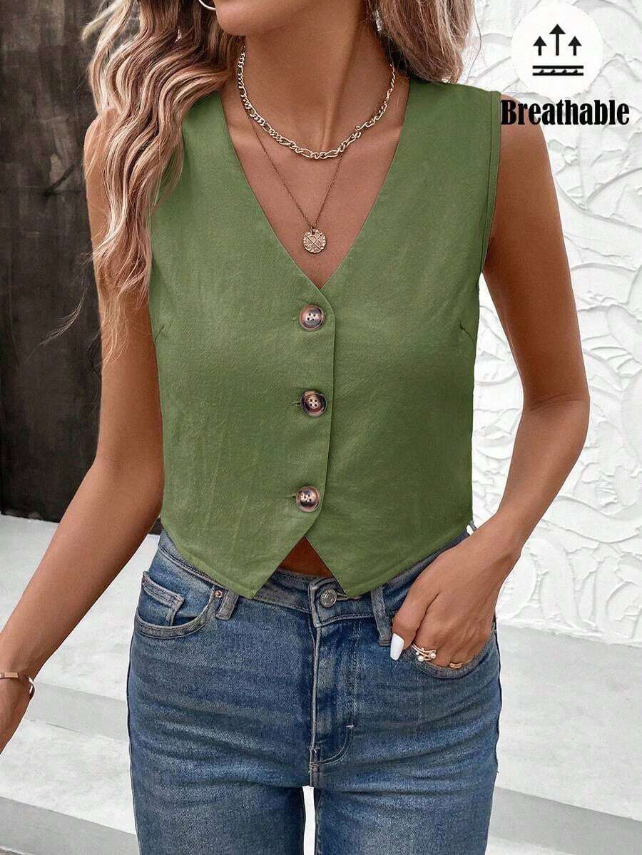 Chaleco camisa casual de un solo pecho de unicolor para mujer - Verde militar - Ver 1
